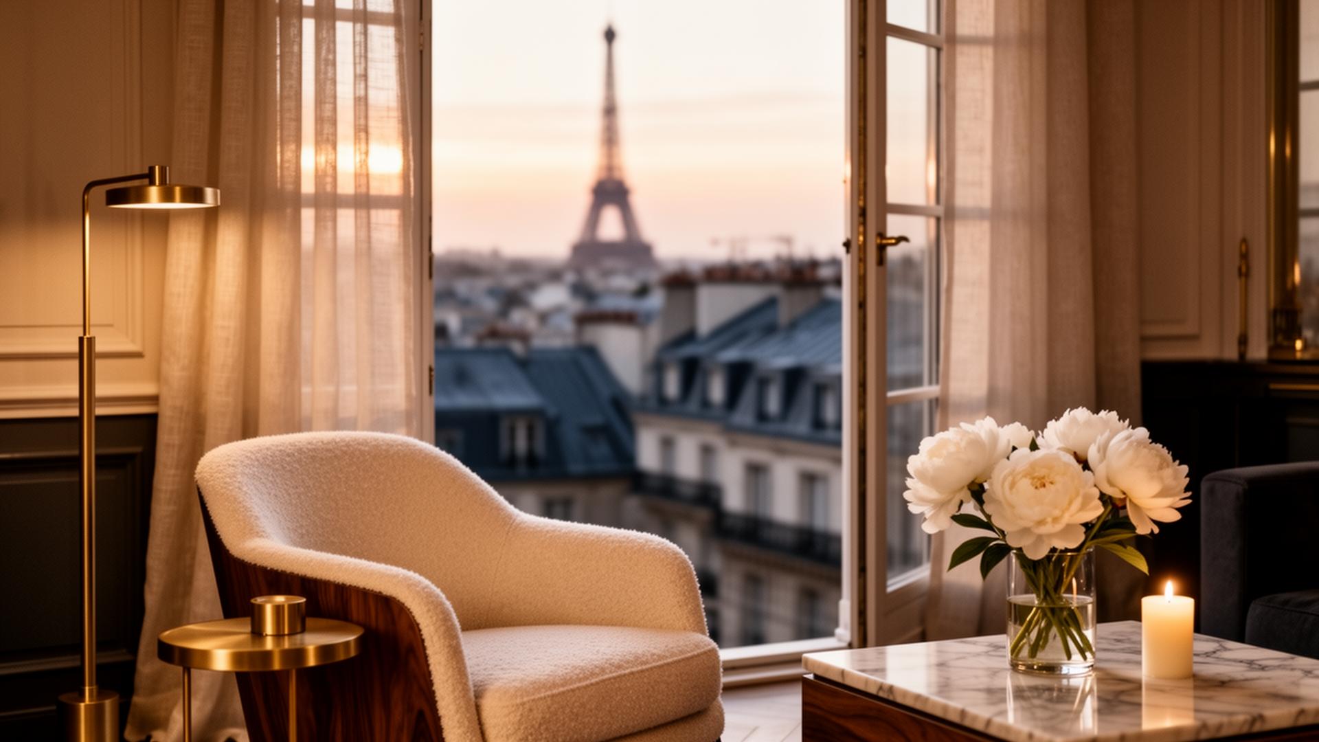 Intérieur parisien haut de gamme avec vue sur les toits de Paris